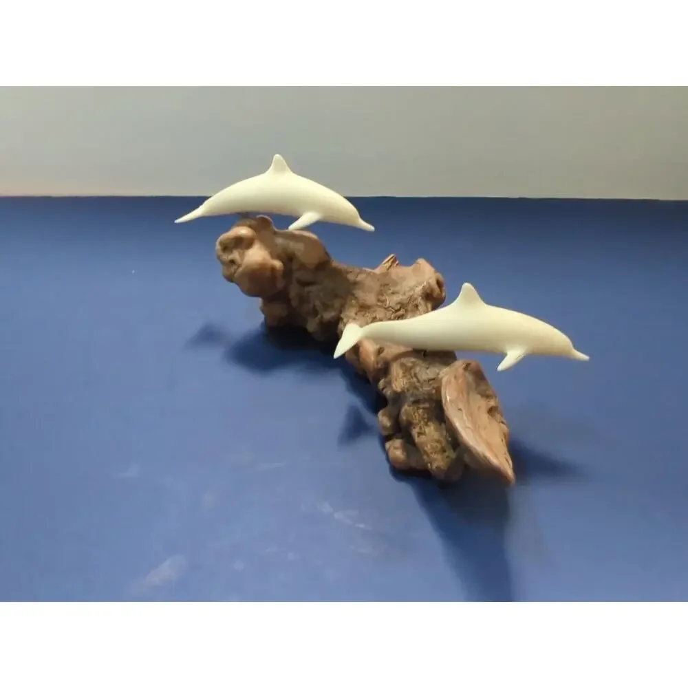 Vintage John Perry 9 In Dolphin Sculpture with Burlwood Base Collectible Figures